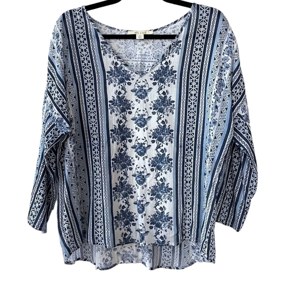 Miami White & Blue Striped & Floral Blouse Size Small - Picture 3 of 3